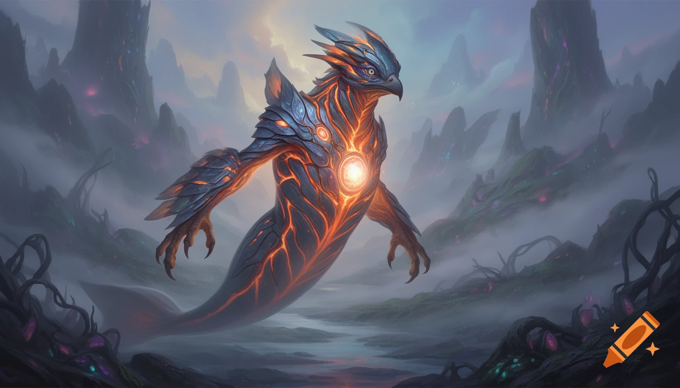 A detailed cinematic digital painting of a glowing armored avian-aquatic hybrid creature in a misty alien landscape.