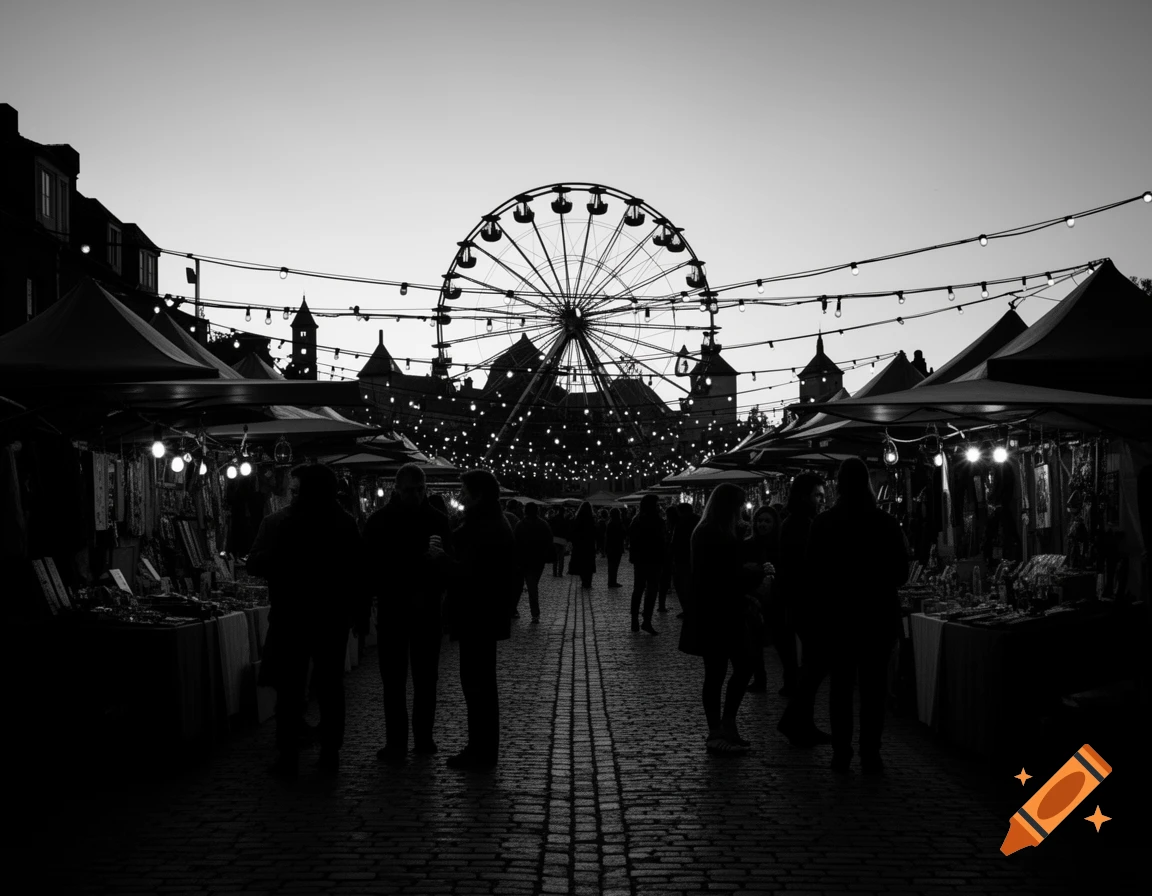 Black and white silhouette of a bustling street fair with market stalls, people, and a large ferris wheel under a darkening sky.