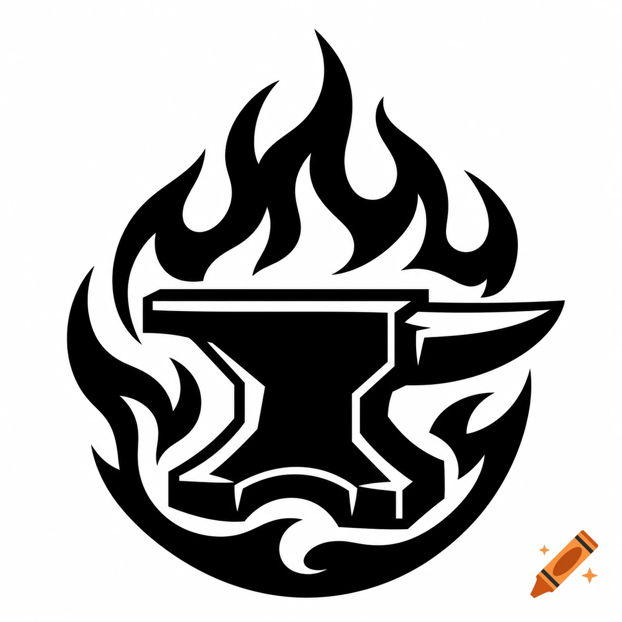 Minimalist black vector logo of an anvil surrounded by stylized flames on a white background.