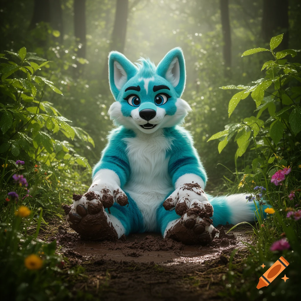 A cute blue and white furry character sits in mud on a forest path, looking at the viewer. Photorealistic.