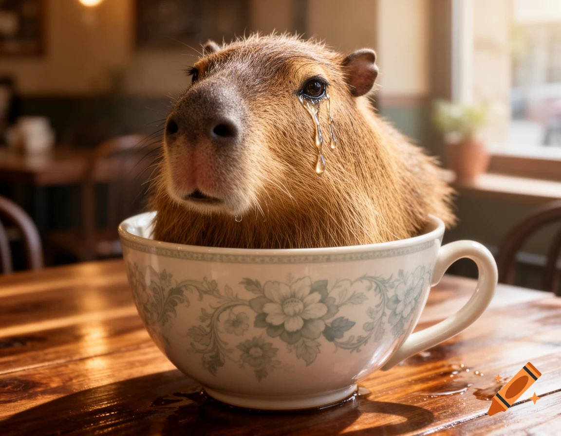 A photorealistic close-up of a crying capybara sitting in a floral teacup on a wooden table.