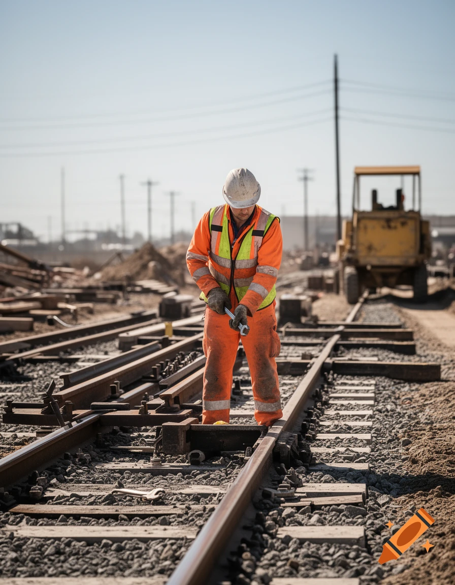 A construction worker in a hard hat and orange safety gear works on train tracks with a wrench under a clear sky.