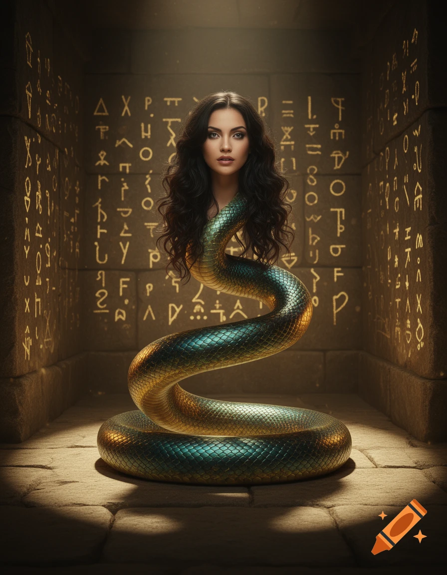 A beautiful woman with long dark hair emerging from a coiled iridescent green and gold snake body, standing in a dim, ancient stone chamber with glowing symbols on the walls. Photorealistic style.