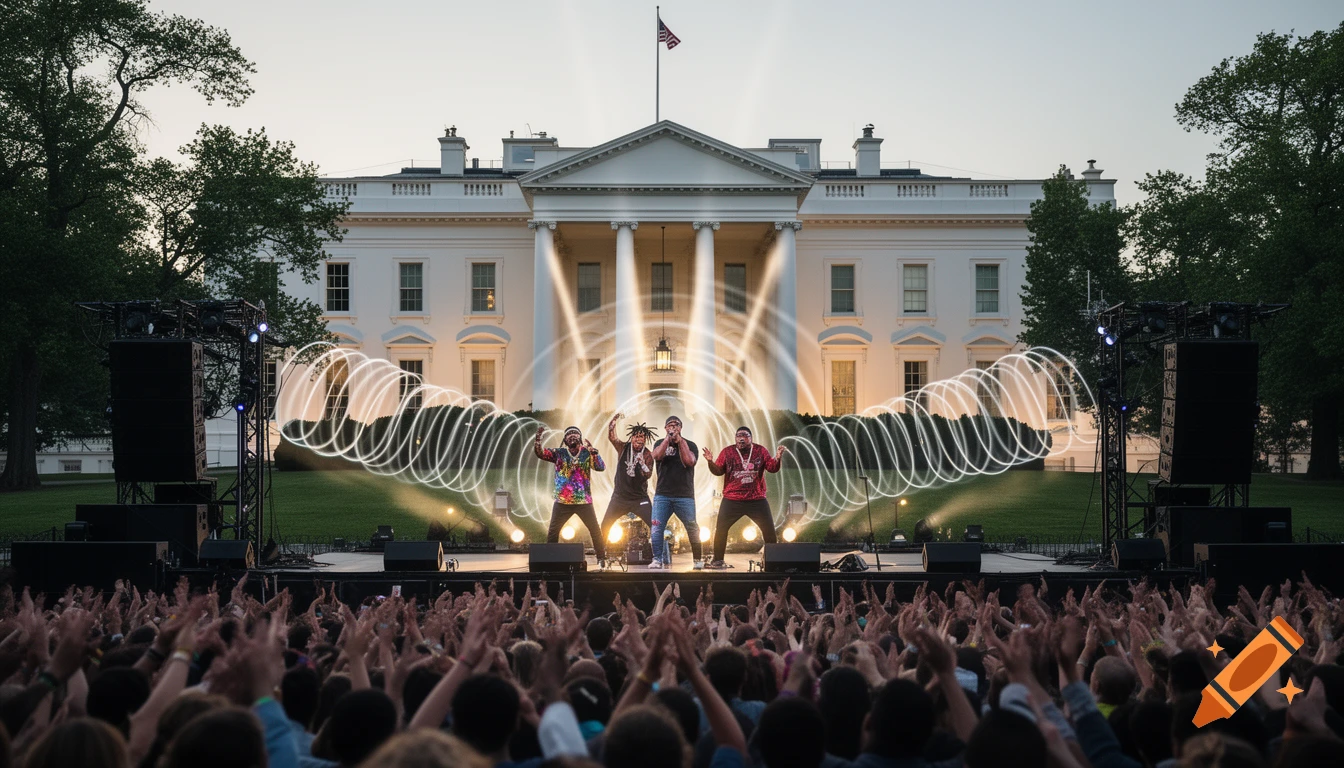 Four artists perform on a stage in front of the White House, with light waves emanating and a large crowd raising their hands.