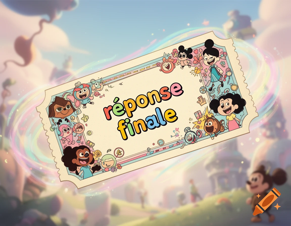 Whimsical cartoon ticket with 'r r r ponse finale' surrounded by various cheerful animated characters and a blurry fantastical background.
