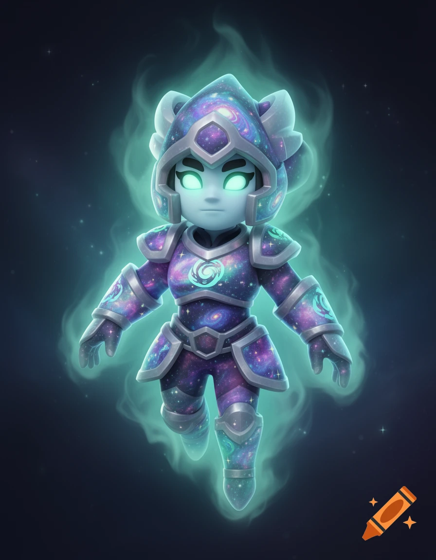 A cute, stylized character in cosmic armor with glowing eyes, floating in a turquoise, ethereal aura.