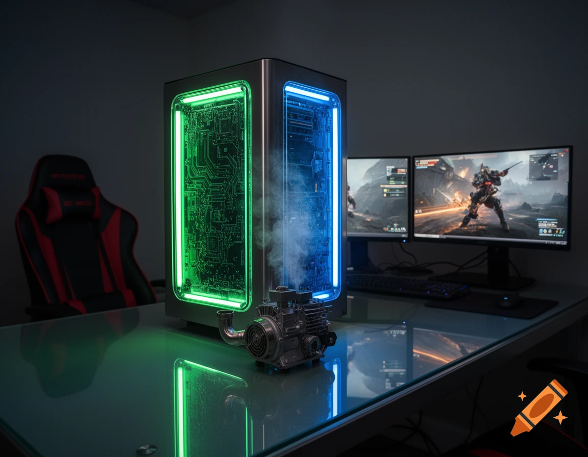 Photorealistic image of a gaming desk with a glowing green and blue PC, dual monitors showing a game, a gaming chair, and a small engine.