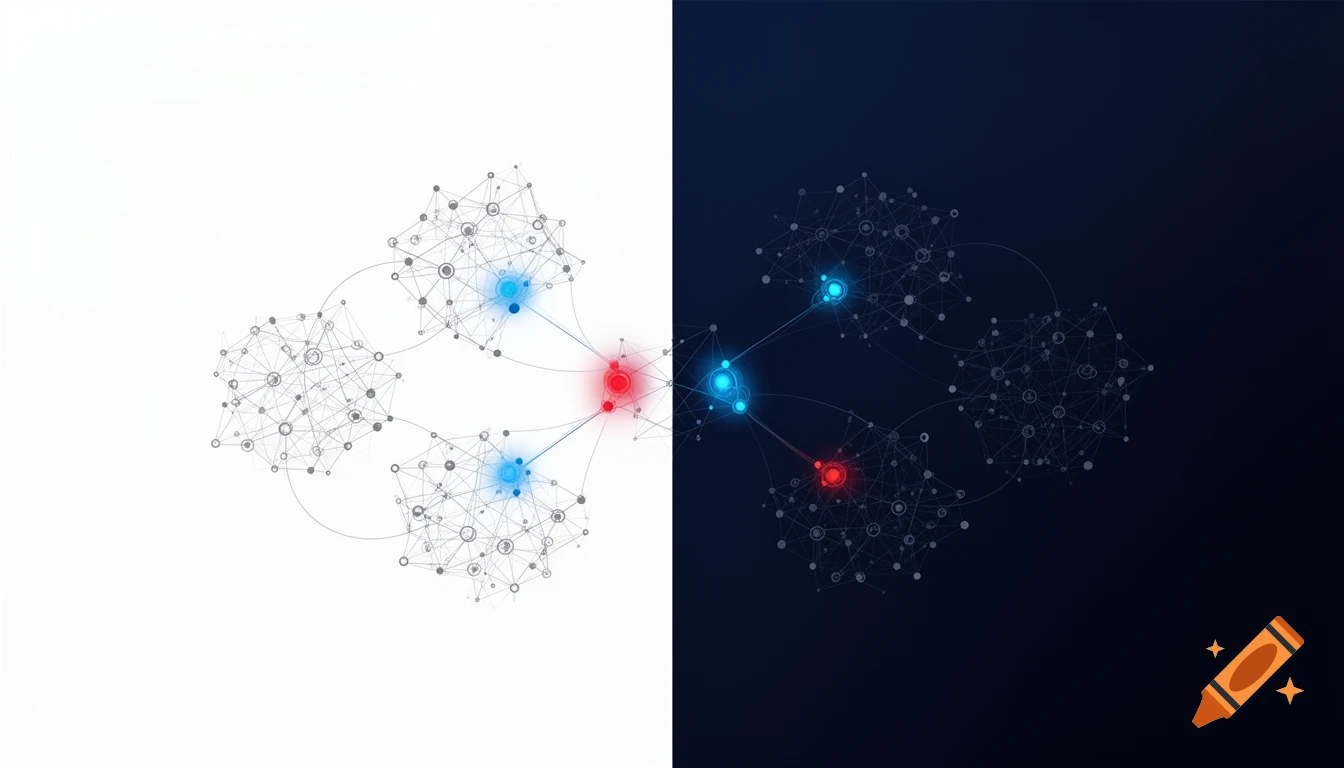 Abstract network diagram with interconnected nodes, glowing red and blue central points on a split white and dark blue background.
