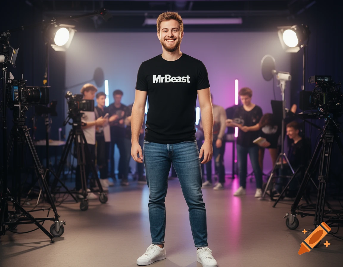 Smiling MrBeast in a black t-shirt and jeans stands in a brightly lit TV studio with cameras and crew.