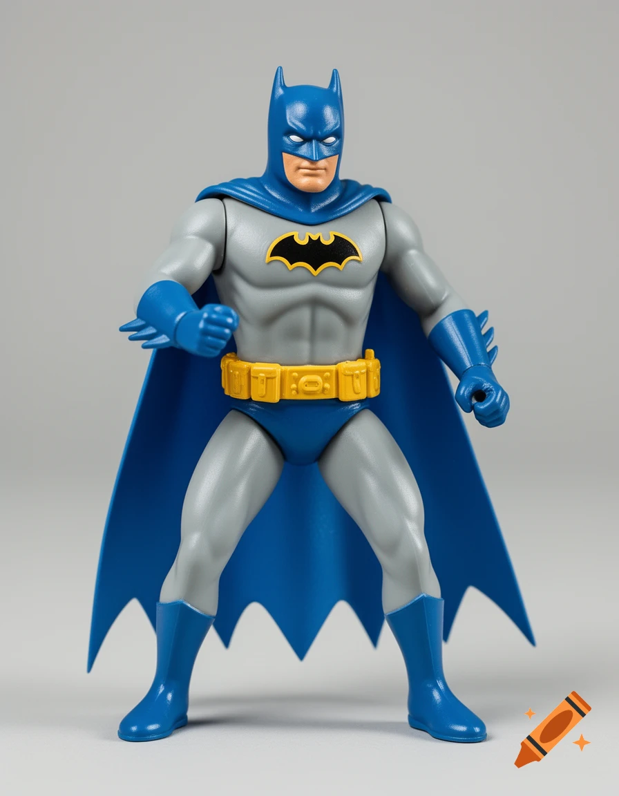 A full body shot of a Kenner-style Batman action figure in a blue and gray costume against a plain background.