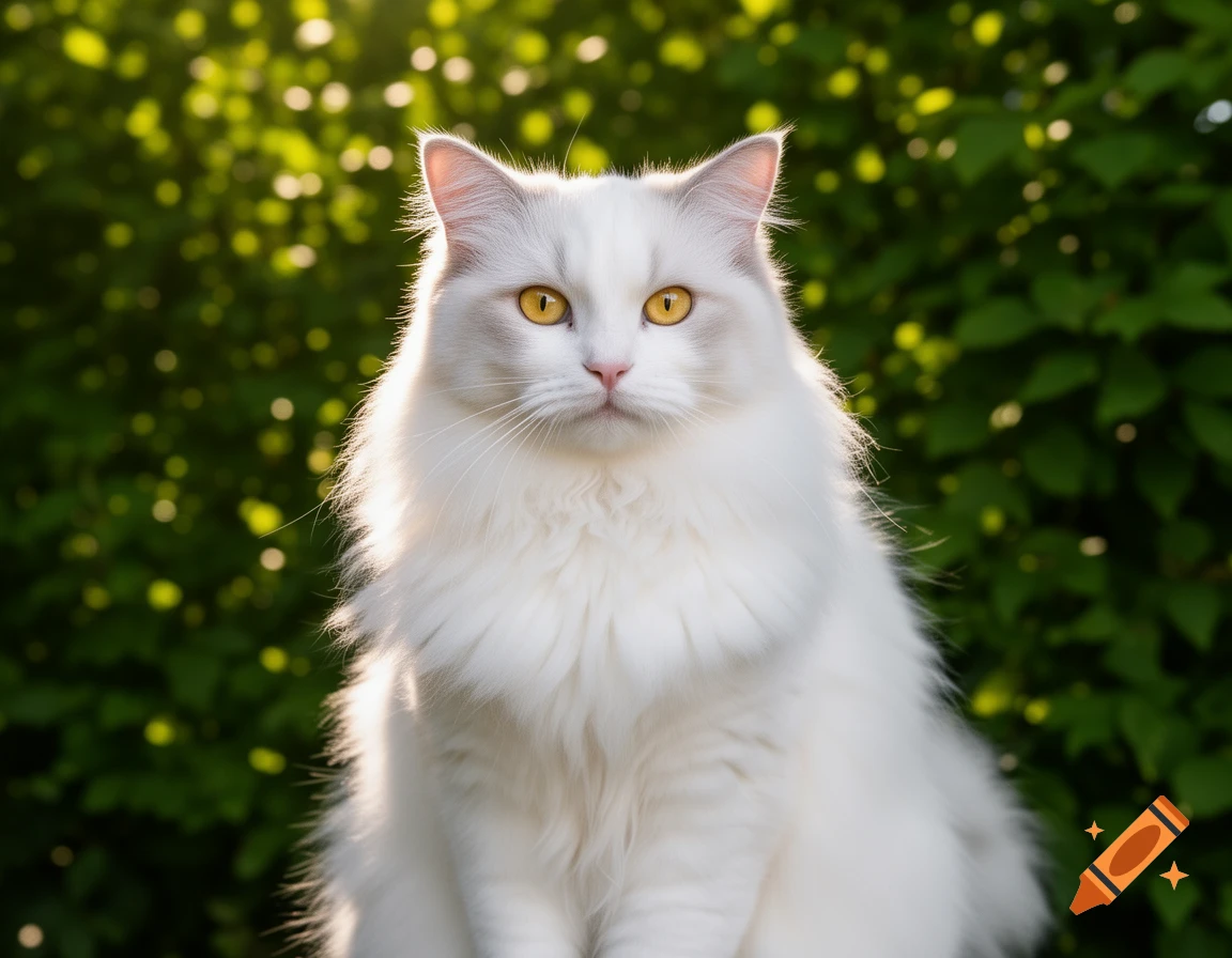 A fluffy white ragdoll cat with bright yellow eyes sits against a blurred green leafy background with sunbeams.