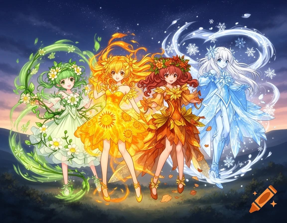 Four anime magical girls representing spring, summer, autumn, and winter, with swirling elemental powers around them.