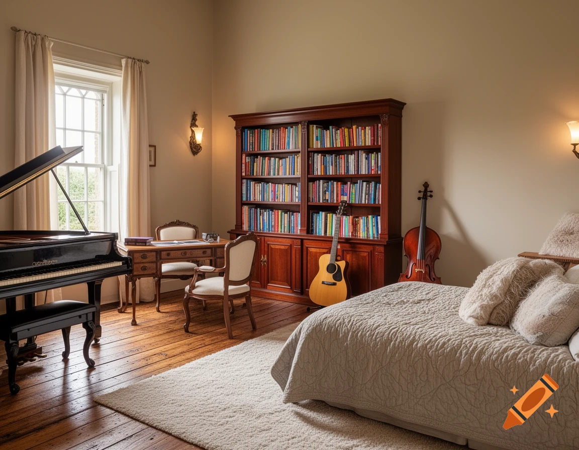 A warmly lit room with a grand piano, a large wooden bookshelf, a desk, a bed, a guitar, and a cello.