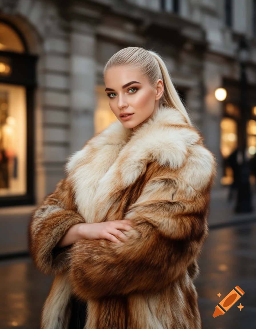 Blonde woman in a luxurious fur coat with a ponytail, looking at the camera on a city street.