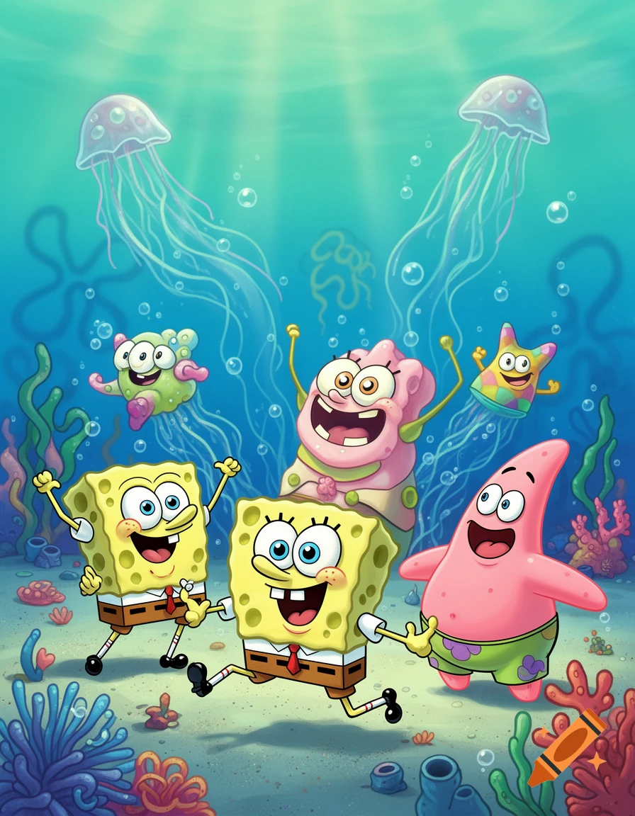 Two cheerful Spongebobs, Patrick, and other sea creatures celebrate underwater with jellyfish, in a vibrant cartoon style.