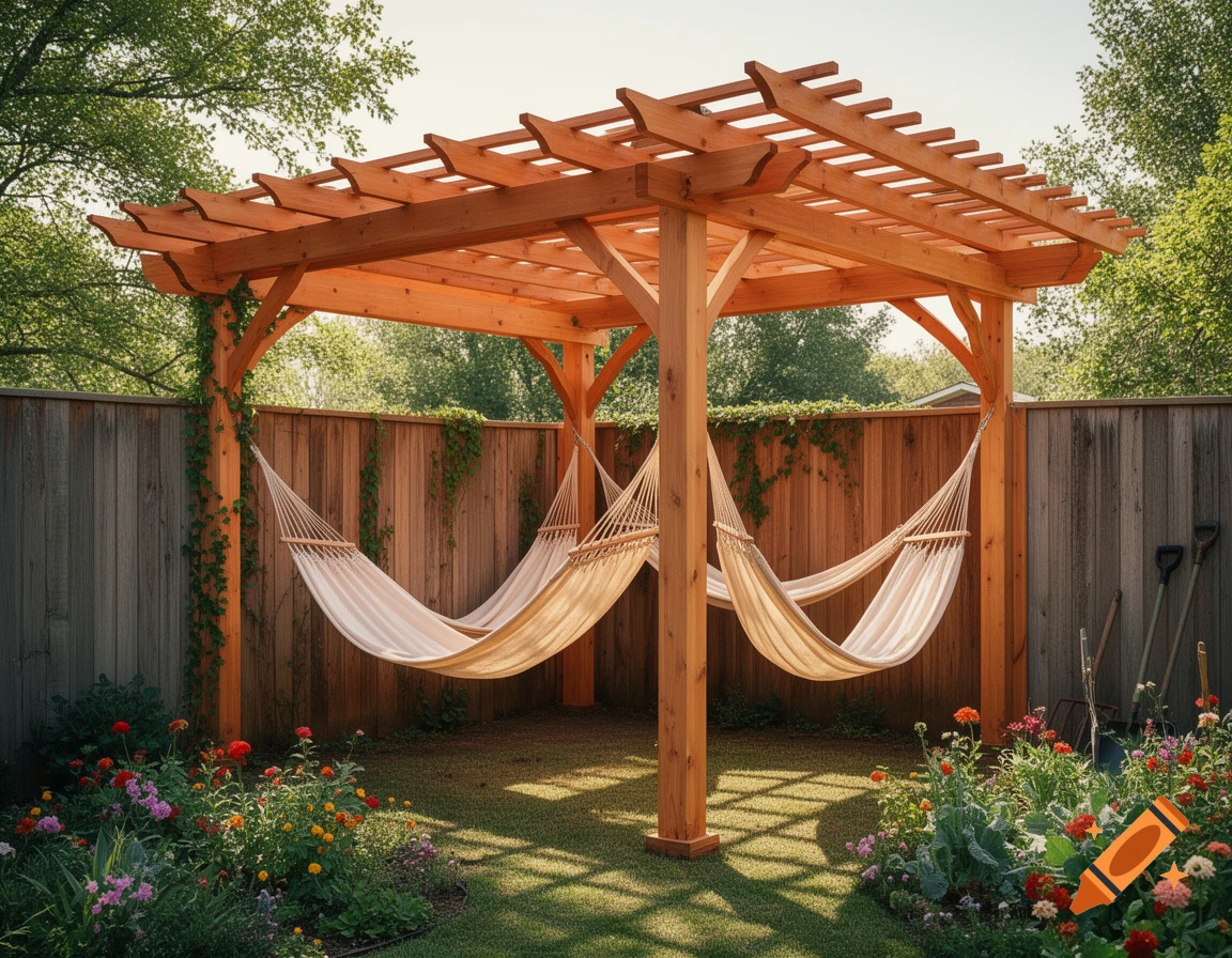 A sunny backyard features a wooden pergola with several white hammocks, surrounded by vibrant flower beds and a wooden fence.