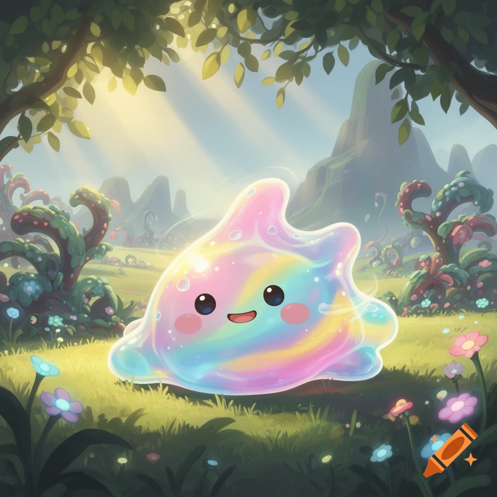Cute rainbow slime character with a happy face in a bright, lush fantasy meadow with unique plants.