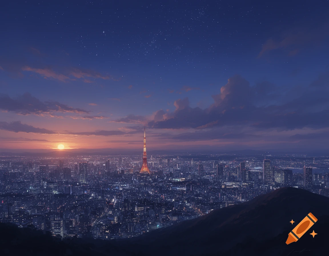 Digital painting of Tokyo cityscape at sunset from a mountain, with the lit Tokyo Tower and city lights under a starry sky.