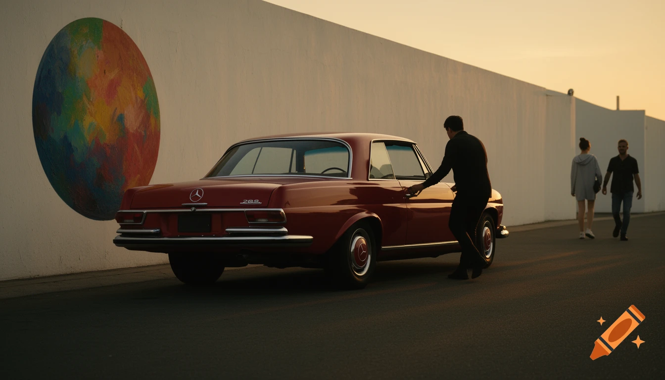 Red vintage Mercedes 280 S coupe with a person opening the door at dusk, beside a colorful mural on a white wall. Two people walk in the background.