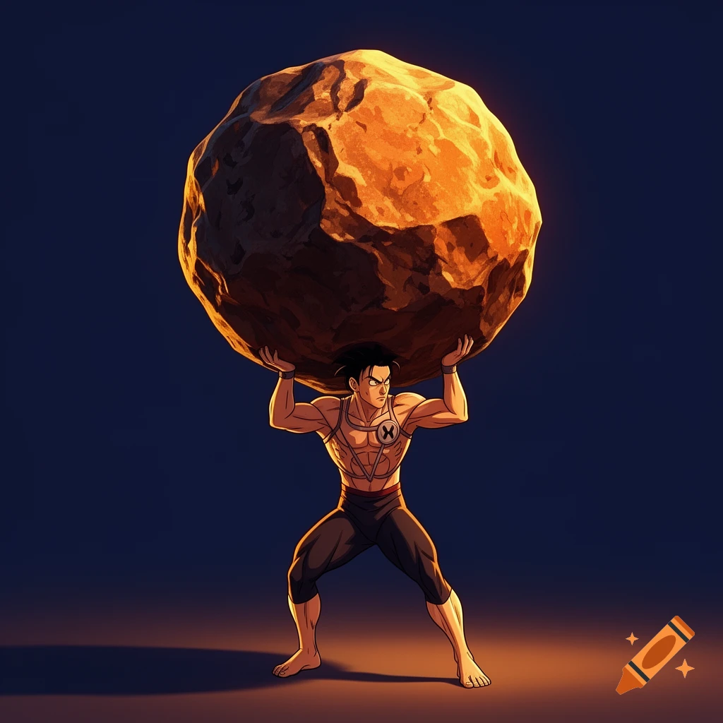 Cel-shaded anime man with a powerful physique holding a massive, glowing rock over his head, against a dark background.