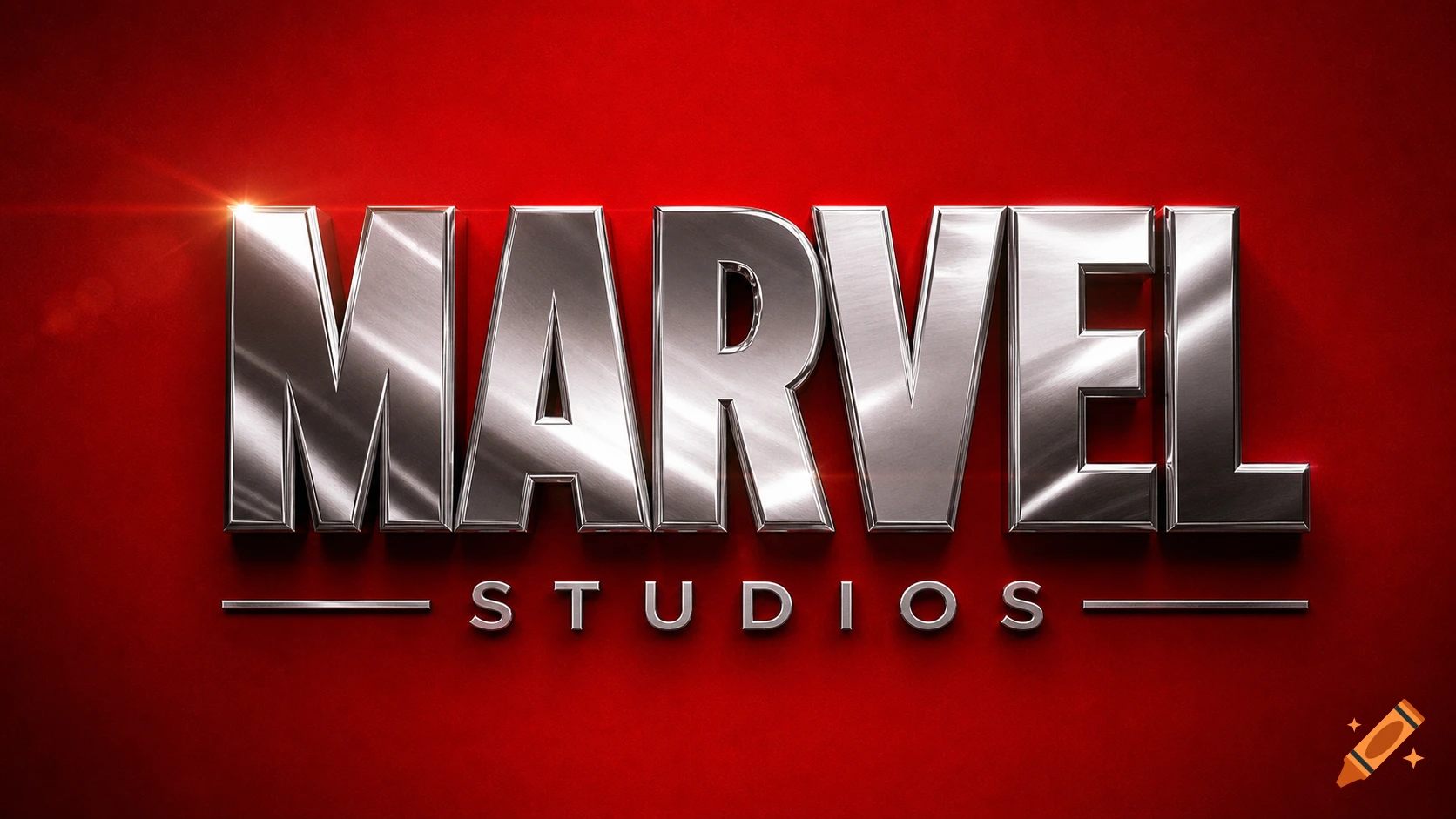A 3D chrome MARVEL logo over a red background with a lens flare, with 'STUDIOS' in silver below.