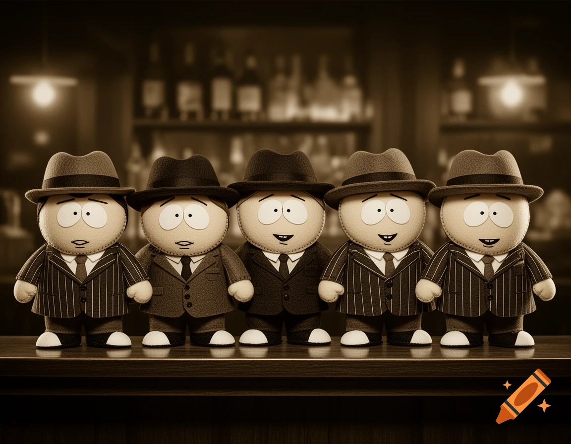 Five felt figures resembling South Park characters dressed as 1920s gangsters in a sepia-toned bar.