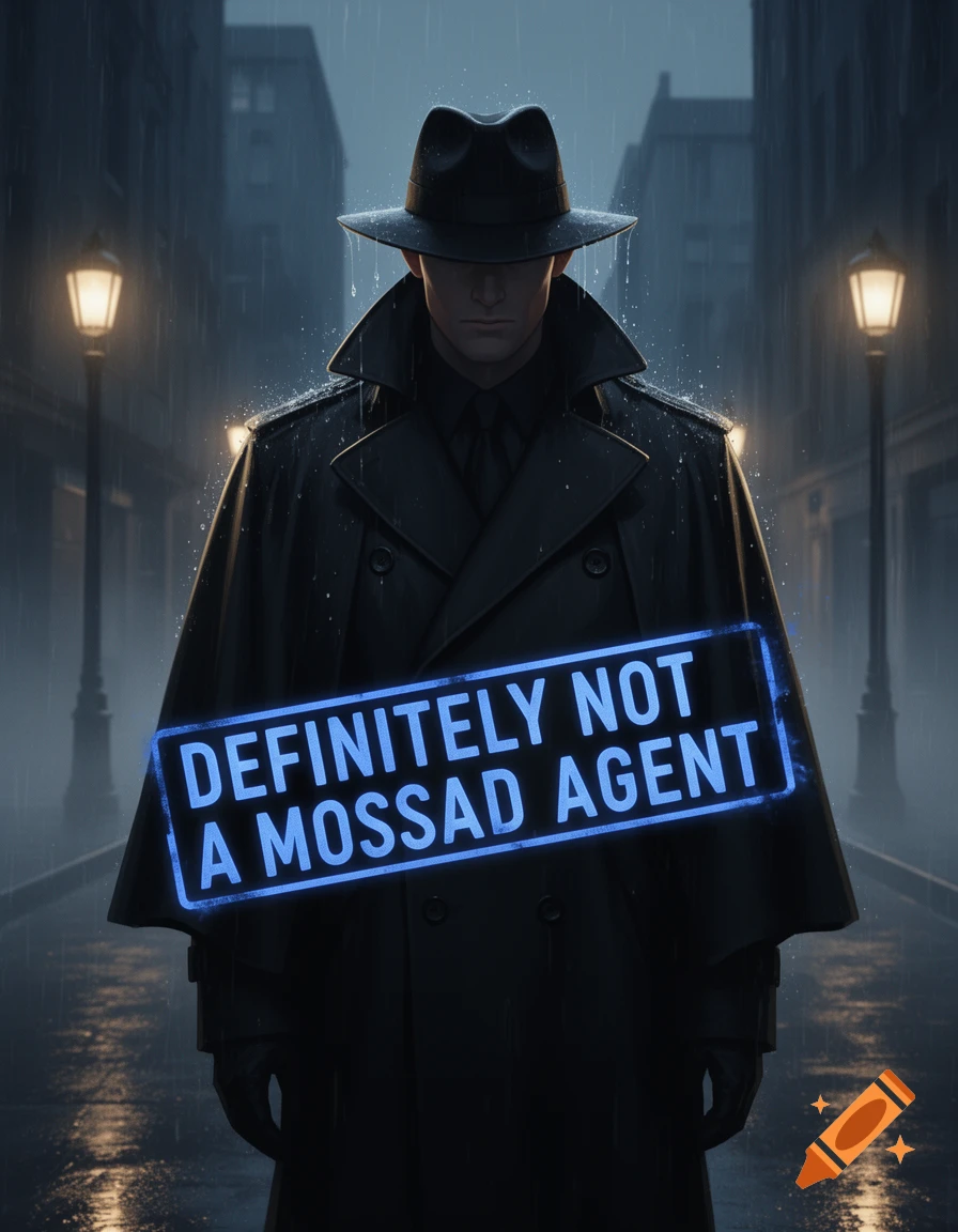A shadowy figure in a black trench coat and fedora stands in a rainy city street, with a glowing blue sign across their chest reading "DEFINITELY NOT A MOSSAD AGENT".