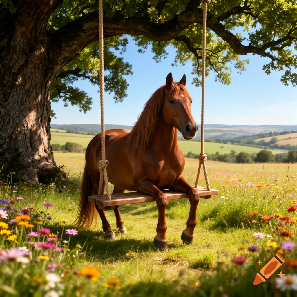 A brown horse sits on a wooden swing under a large tree in a sunny meadow with wildflowers, with rolling hills in the background.