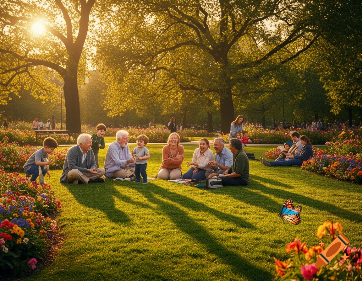 A multi-generational group of people laughing and sitting on the grass in a sunlit park with colorful flowers.