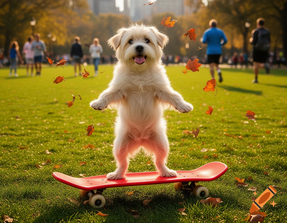 A fluffy white dog stands on a red skateboard in a park, with autumn leaves falling and blurred people in the background.