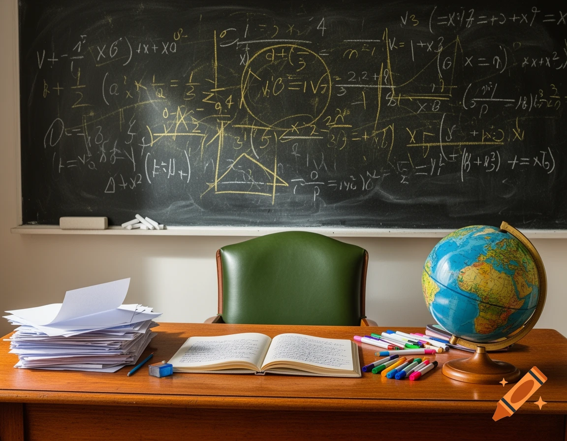 Teacher's desk with a stack of papers, open book, and colorful pens in front of a chalkboard covered in mathematical equations.