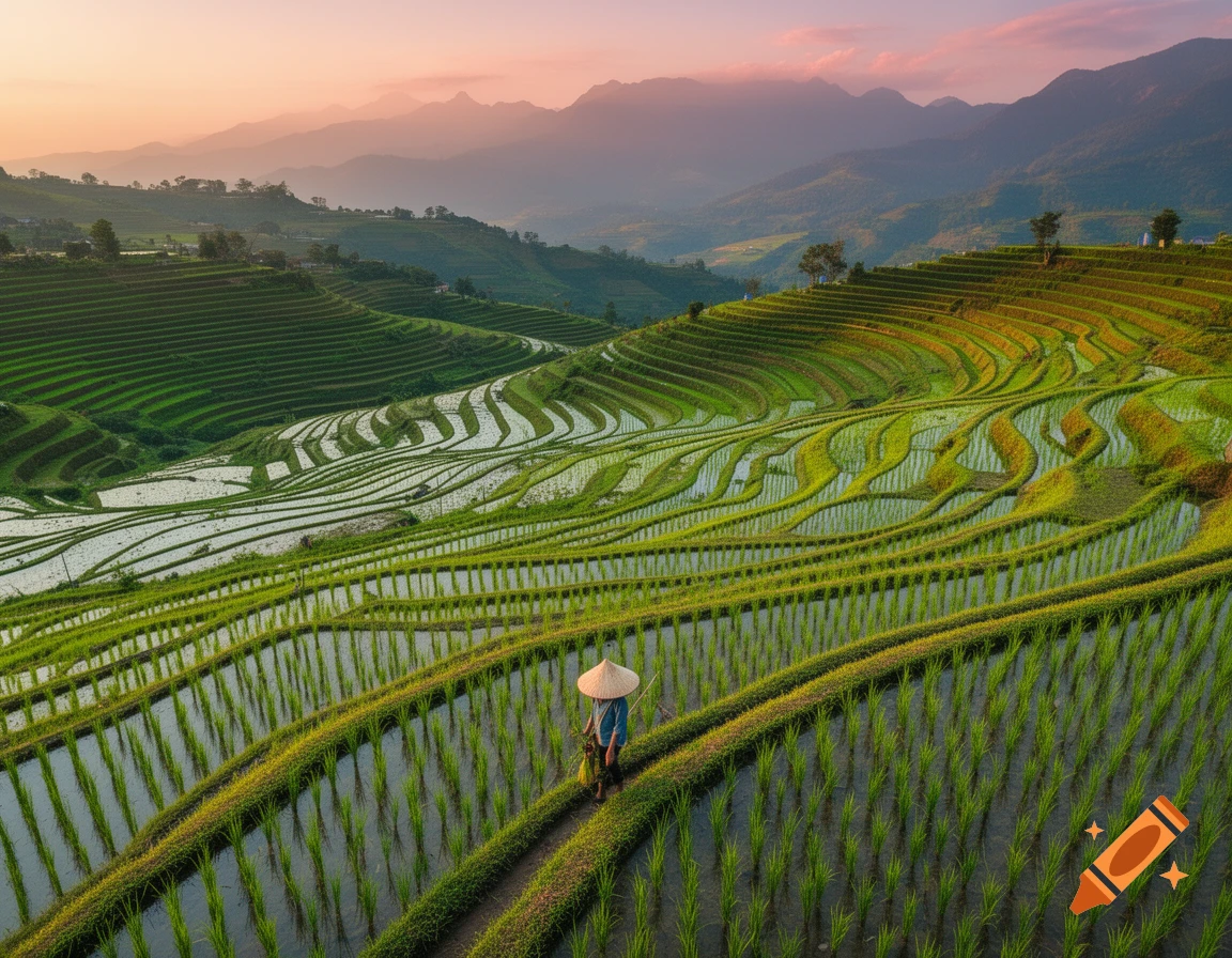 Photorealistic image of a person with a conical hat walking along a path between lush green terraced rice paddies and mountains at sunset.