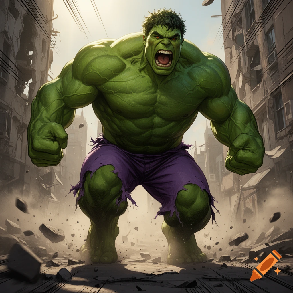 A large, muscular green Hulk with torn purple pants, roaring with red eyes, stands aggressively in a destroyed city street with debris flying.