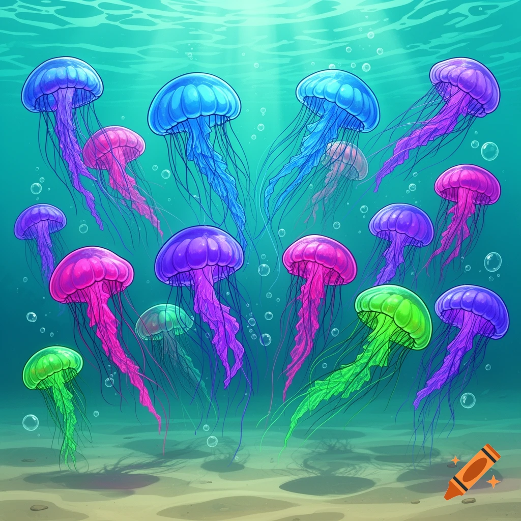 Numerous brightly colored cartoon jellyfish, including blue, pink, purple, and green, float in clear blue underwater with a sandy seabed.