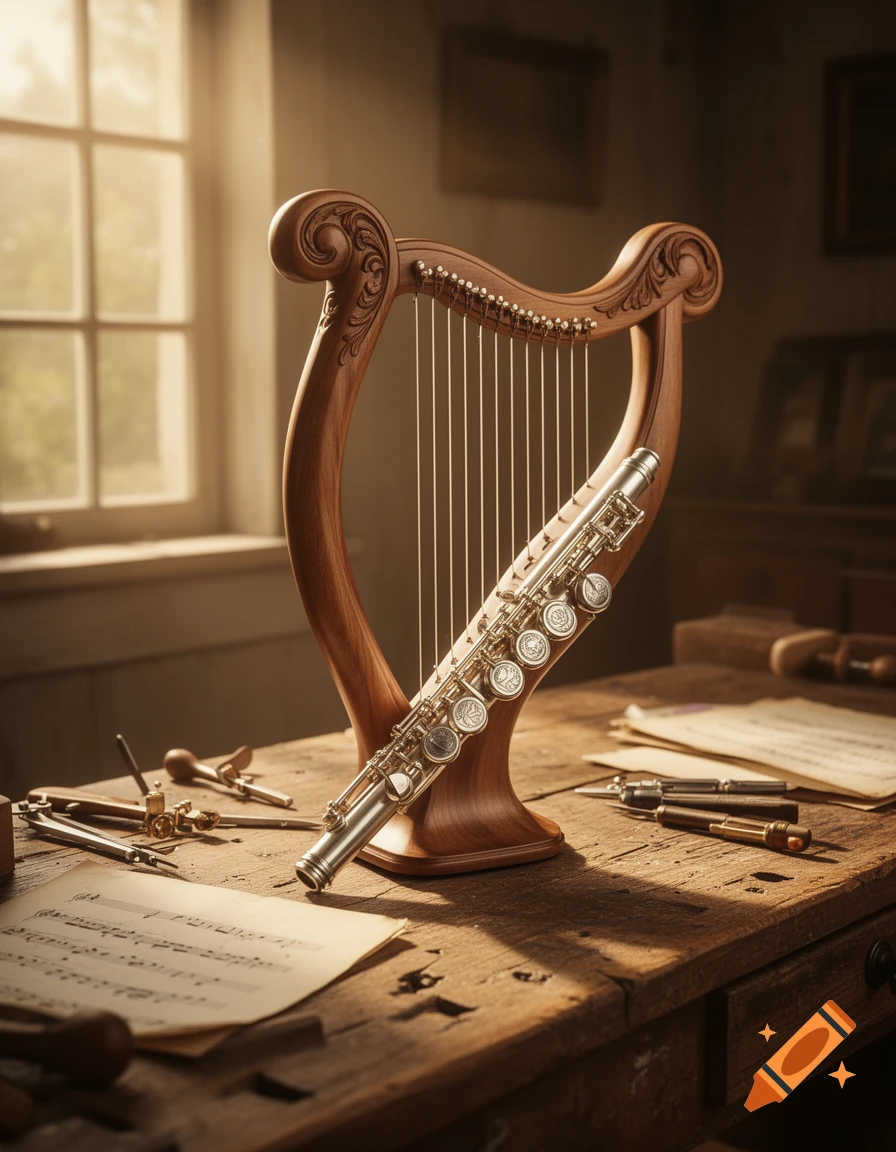 A wooden lyre and a silver flute rest on a worn wooden desk next to sheet music, drawing tools, and pens, bathed in warm window light.