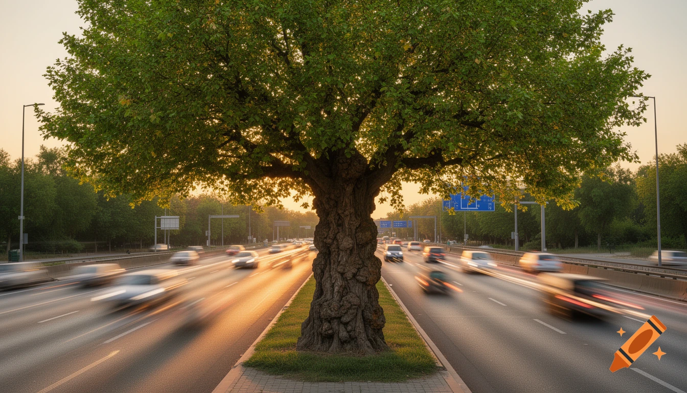 A tall, gnarled tree stands in the median of a busy highway with blurred cars at sunset.