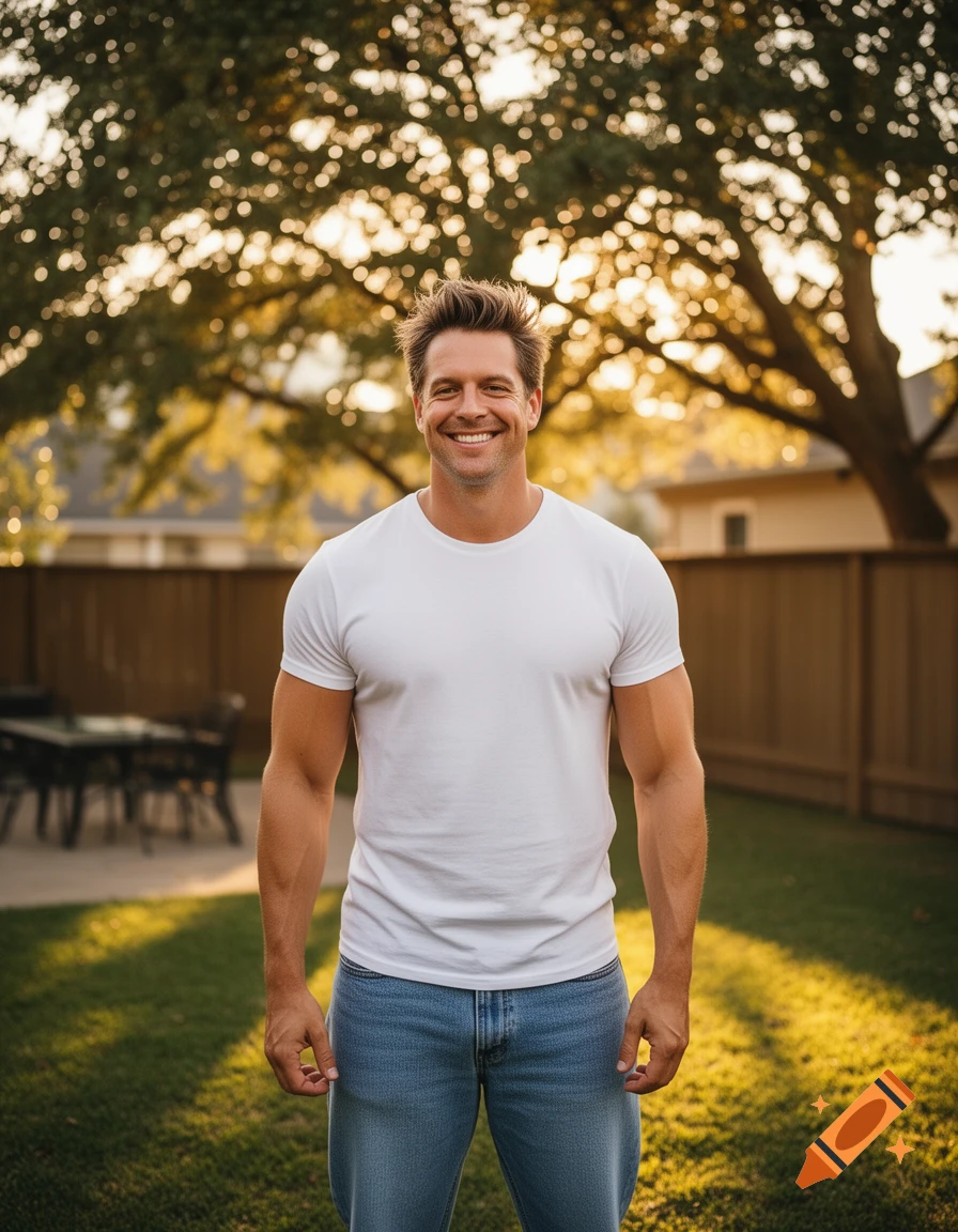 Smiling man in a white t-shirt and jeans standing in a sunlit backyard with trees.