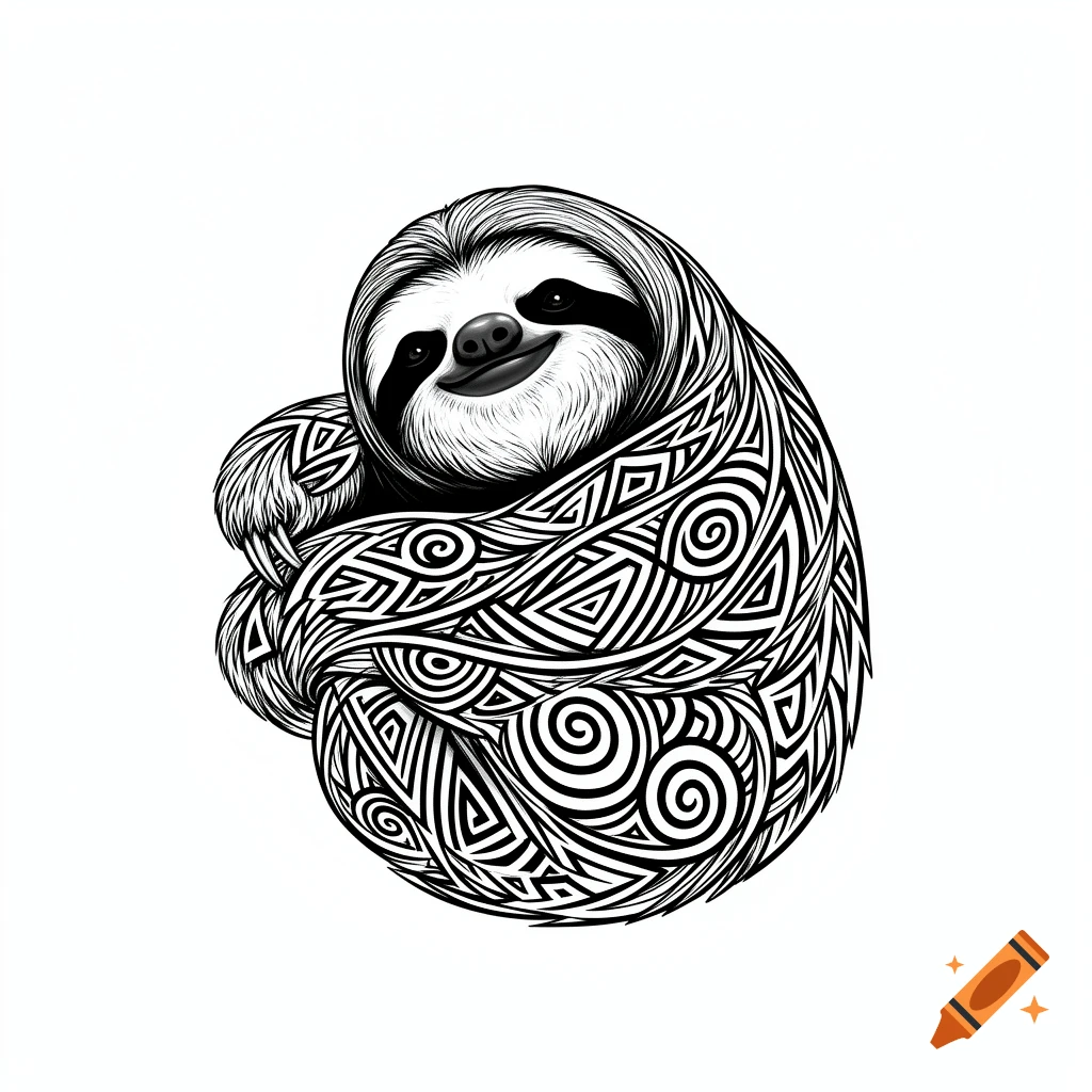 Black and white illustration of a curled-up sloth with its body made of intricate geometric and swirling patterns.