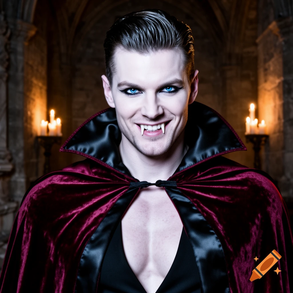 Photorealistic portrait of a smiling man dressed as a vampire with slicked-back hair, blue eyes, and fangs, wearing a red velvet cape in a gothic interior.