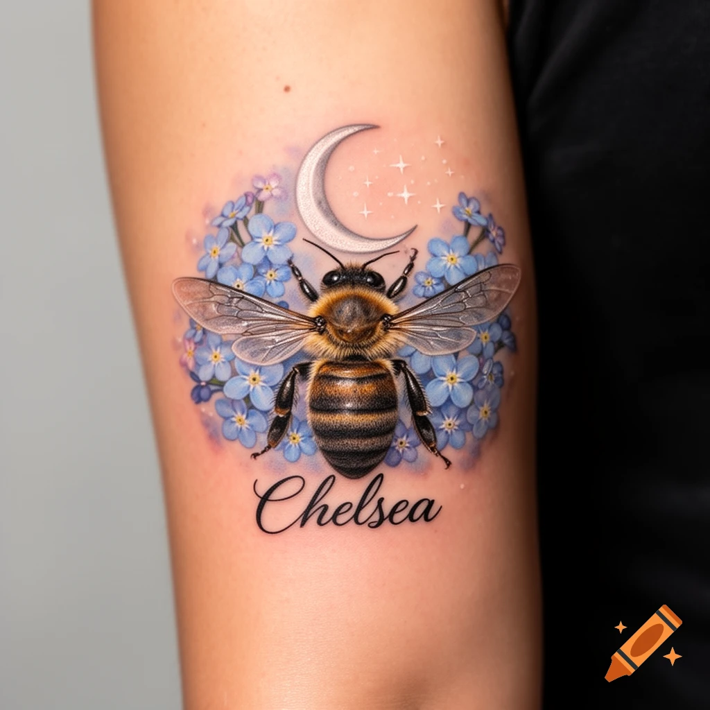 Detailed tattoo on an arm featuring a photorealistic bee, blue forget-me-not flowers, a crescent moon with stars, and the cursive name 'Chelsea'.