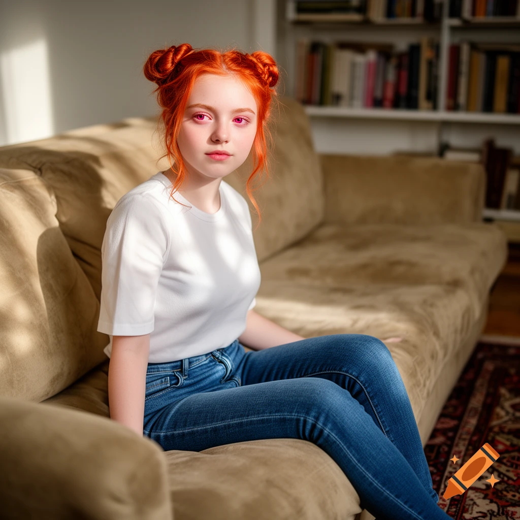 A teenager with bright red hair in space buns and soft-pink eyes, wearing a white t-shirt and blue jeans, sits on a beige couch in a sunlit room.