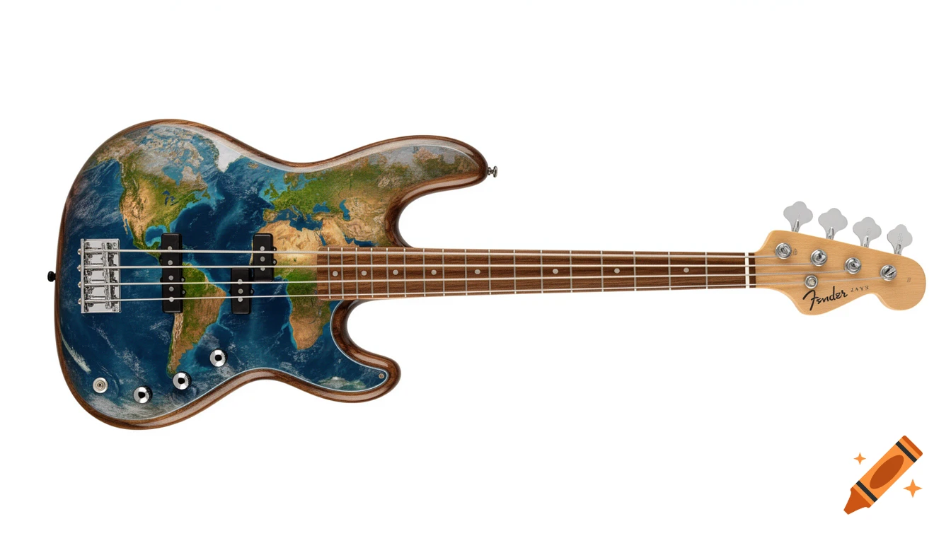 A photorealistic four-string bass guitar with the Earth's continents and oceans mapped onto its body, against a white background.