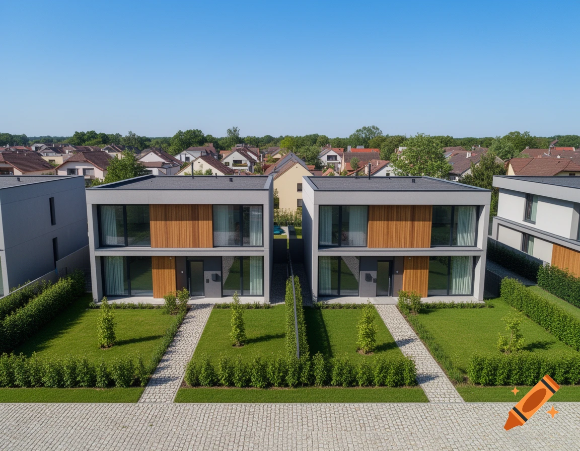 Aerial view of two modern, grey and wood-paneled double houses with green lawns and stone paths in a suburban neighborhood under a clear blue sky.