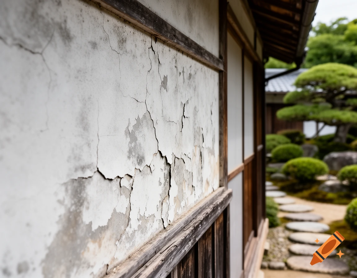 A close-up of a weathered, cracked exterior wall of a traditional Japanese house with a blurred garden path and manicured trees in the background.