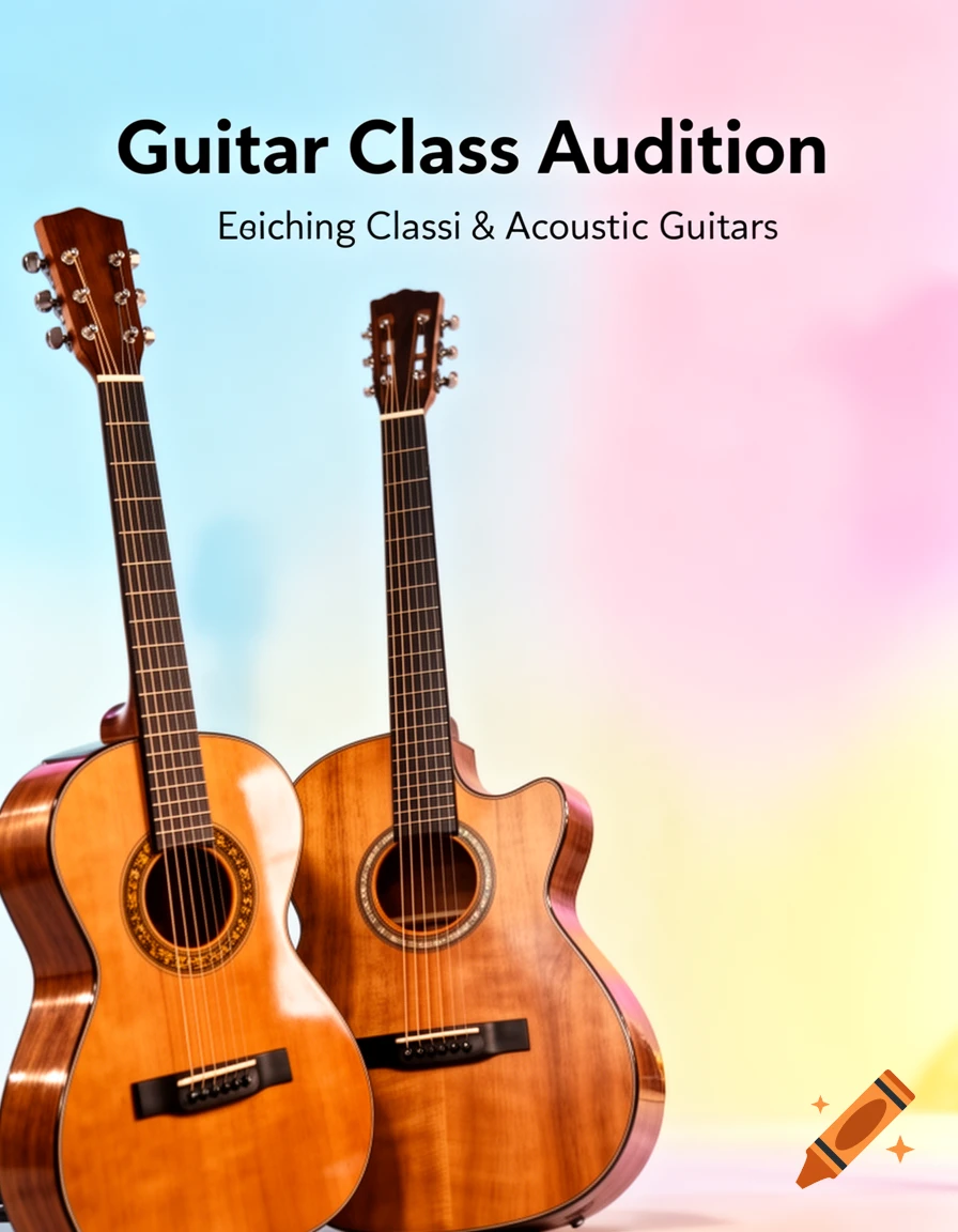 A poster featuring two acoustic guitars against a light blue, pink, and yellow gradient background, with text 'Guitar Class Audition'.