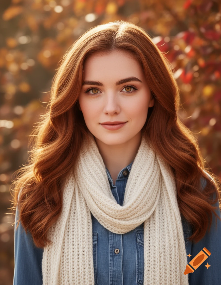 A young woman with long red hair and golden eyes smiles, wearing a cream scarf and denim shirt against a blurred autumn background.