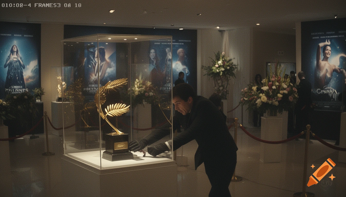 A person in black gloves reaches into a display case to steal a golden palm leaf trophy, likely the Palme d'Or, in a dimly lit hall resembling surveillance footage.