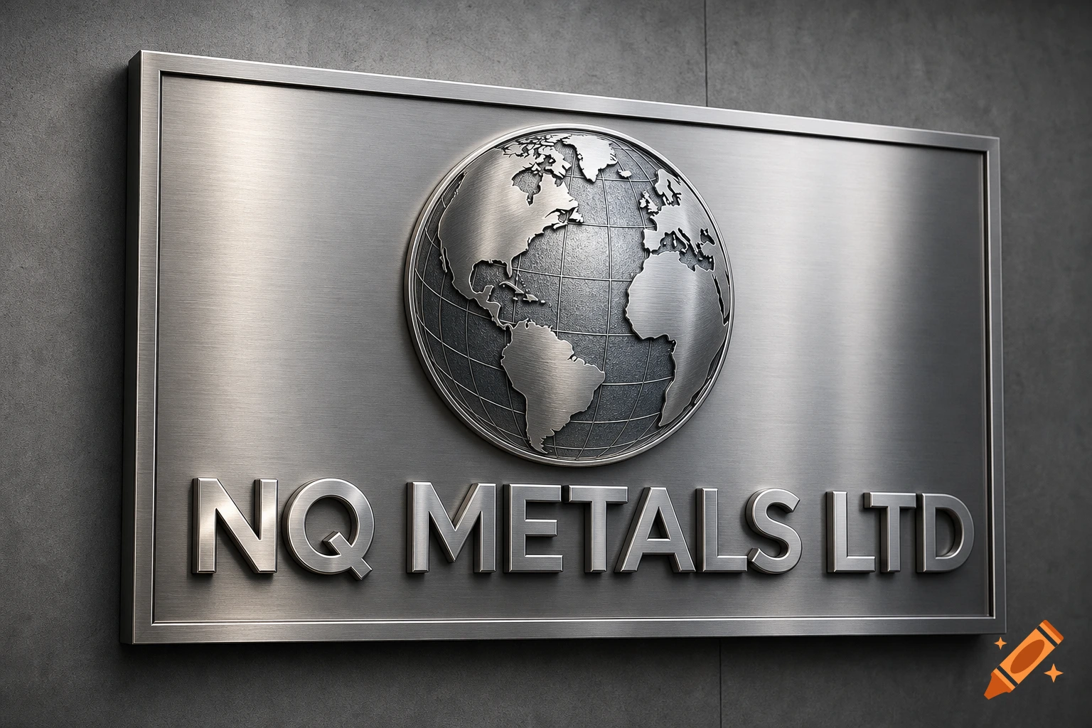 Photorealistic brushed metal sign for NQ METALS LTD with an embossed globe showing continents, mounted on a concrete wall.
