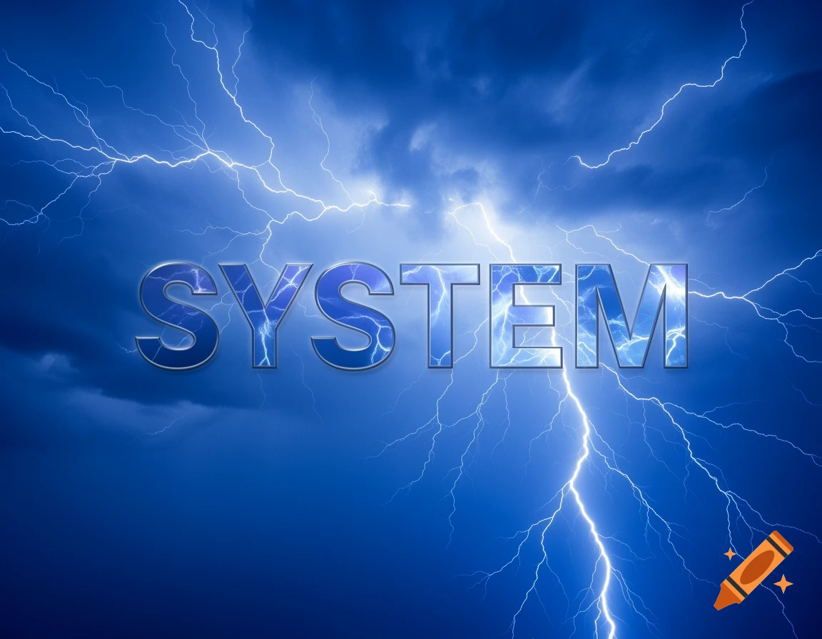The word "SYSTEM" in metallic blue letters against a stormy blue sky with multiple lightning strikes.