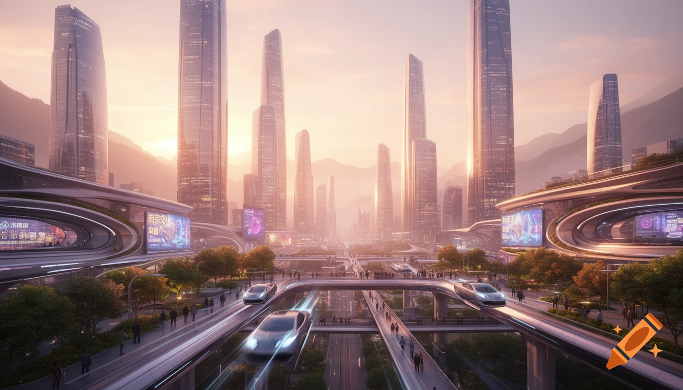 A vibrant futuristic cityscape at sunrise, with towering skyscrapers, elevated transport systems, and digital billboards displaying abstract content.